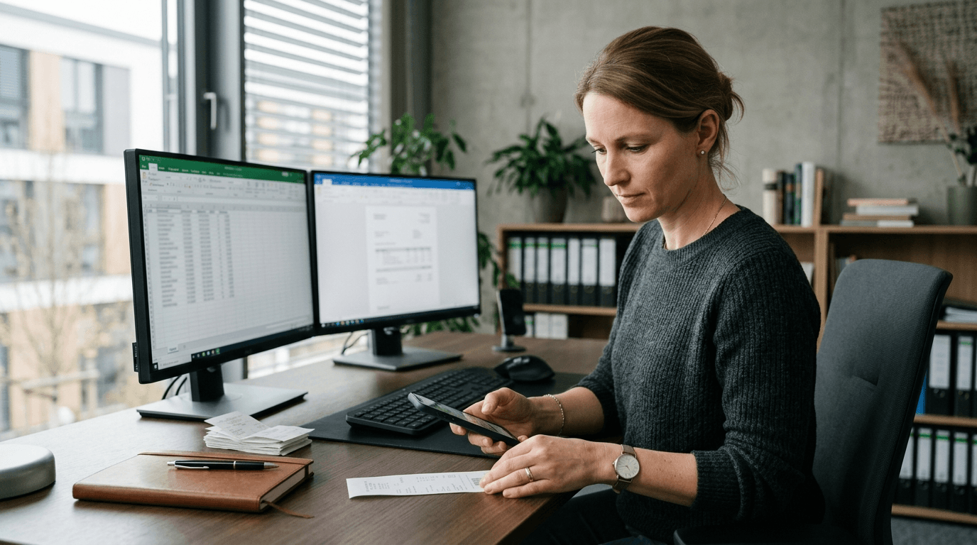 Buchhalterin digitalisiert Belege am Doppelmonitor-Arbeitsplatz