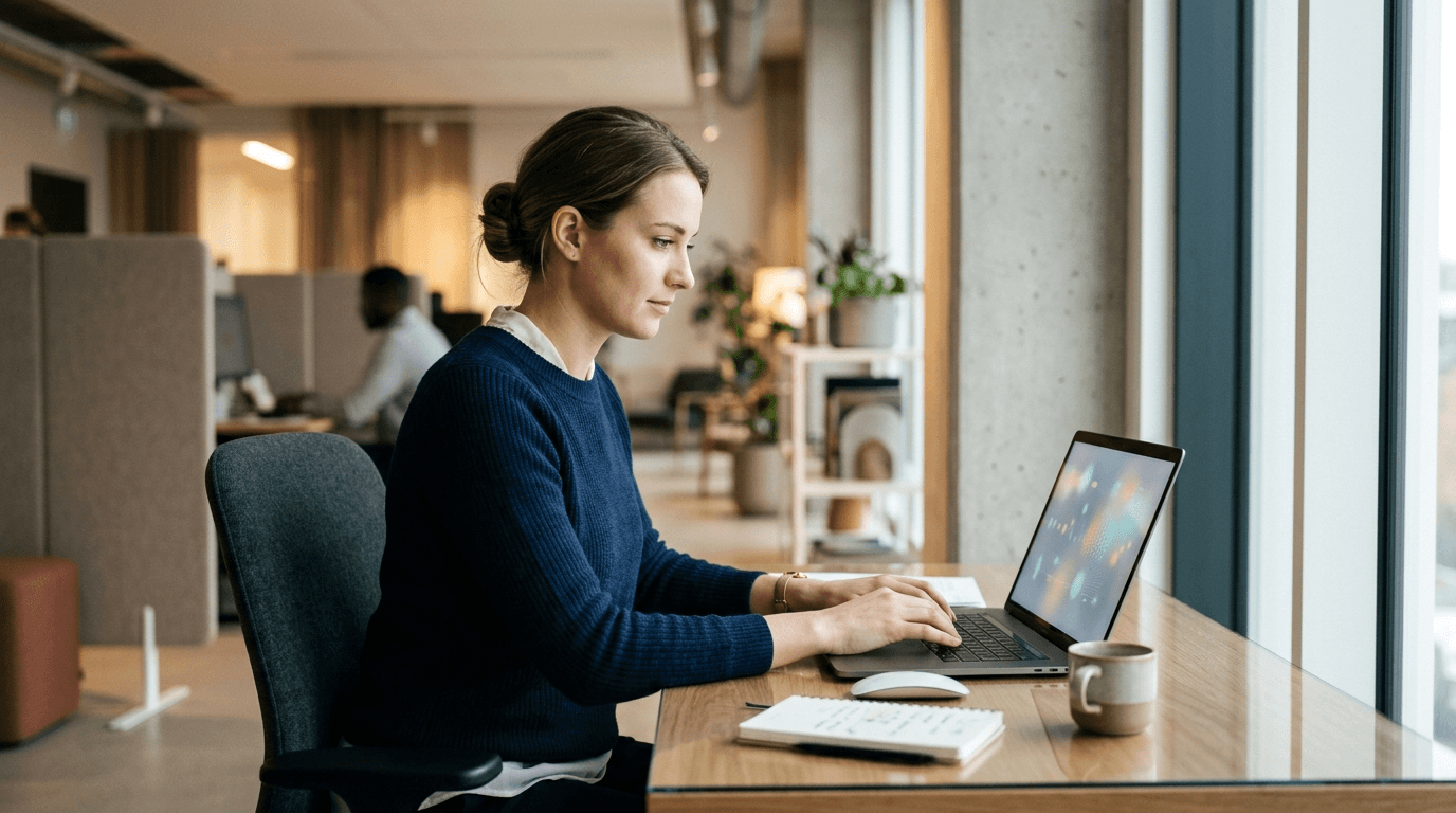 Buchhalter arbeitet mit automatisierter Buchhaltungssoftware am Laptop