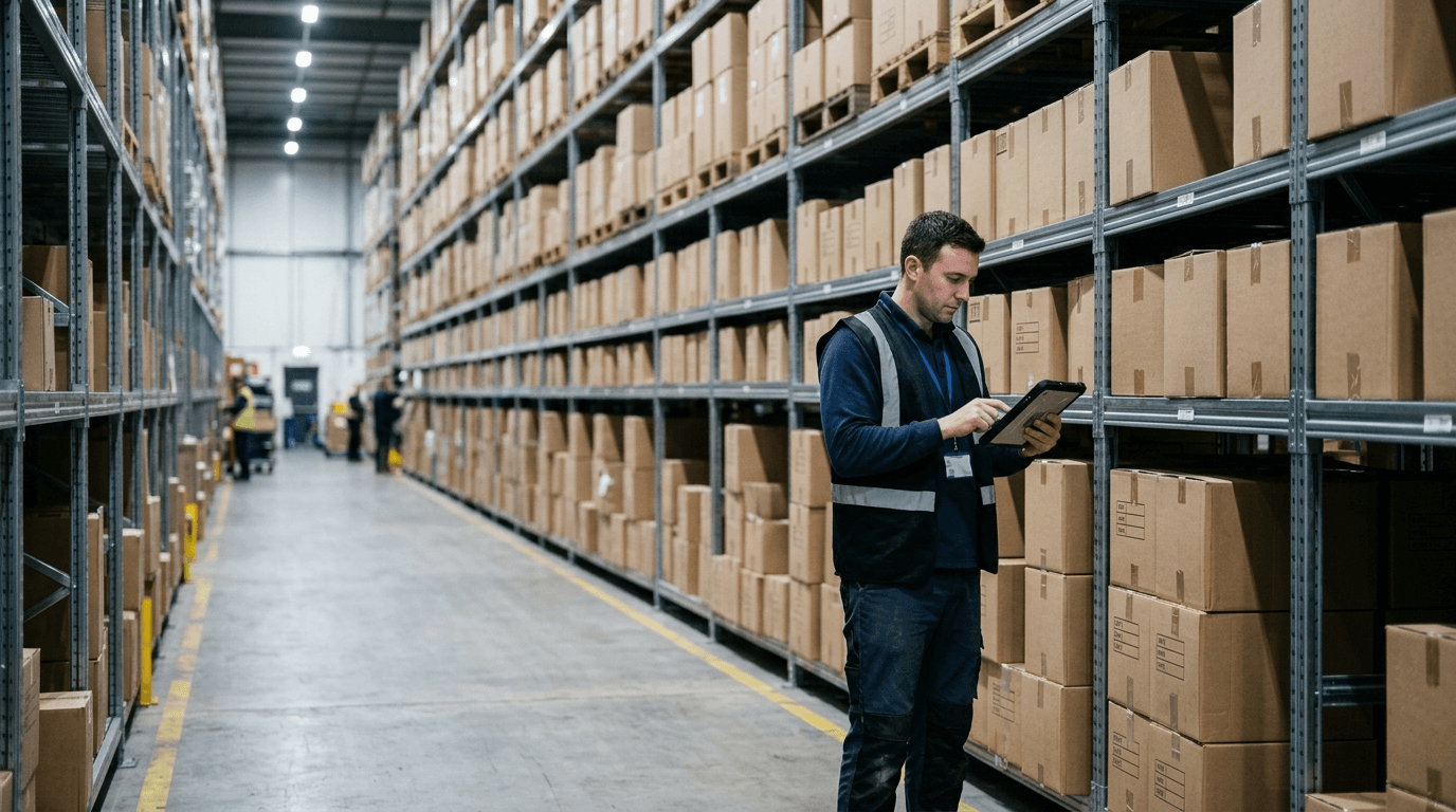 Fulfillment-Lager mit Warenregalen und Mitarbeiter mit Tablet