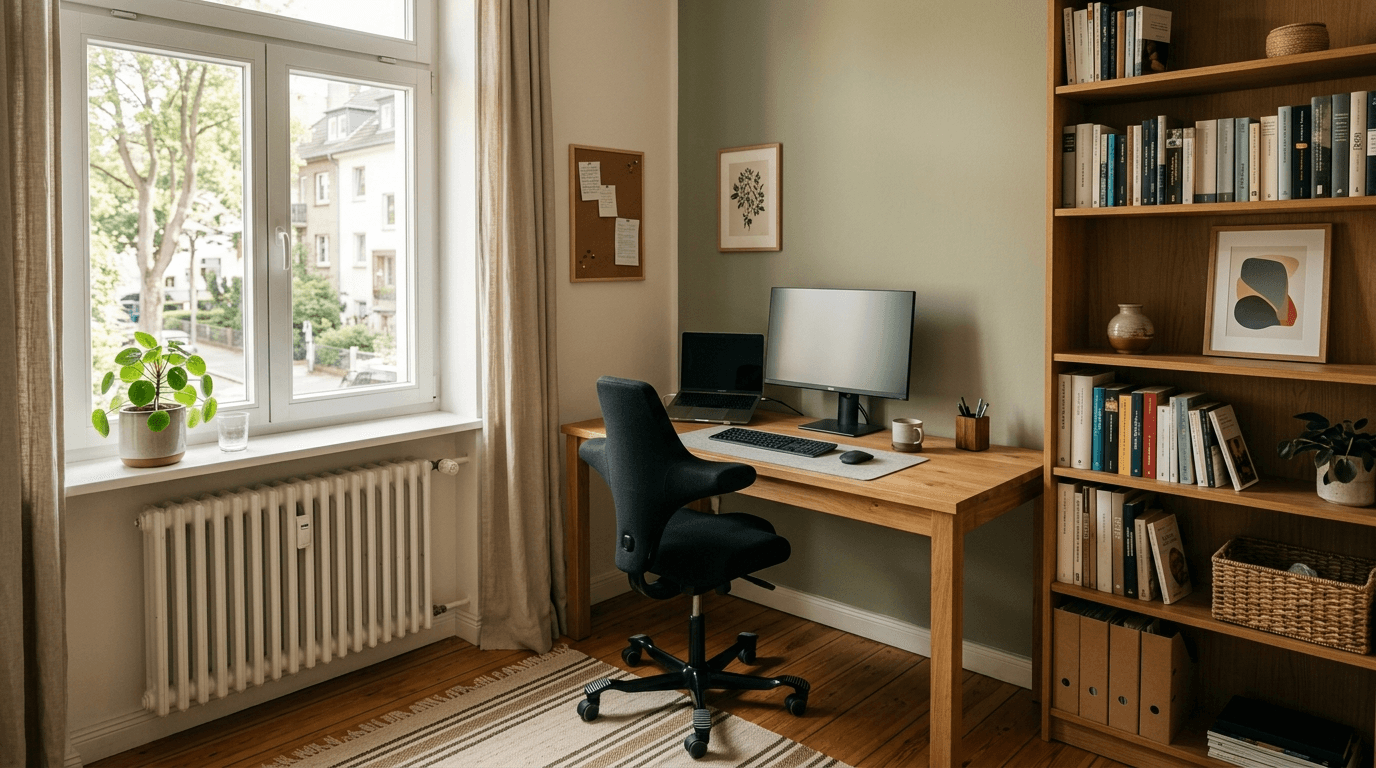 Häusliches Arbeitszimmer mit Schreibtisch und Tageslicht